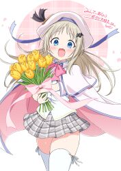 1girl :d bat_hair_ornament blonde_hair blue_eyes blush bouquet buttons cape commentary_request commission cowboy_shot dot_nose fang flower grey_skirt hair_ornament hat highres holding holding_bouquet kamuraaa_615 little_busters! long_hair looking_at_viewer noumi_kudryavka open_mouth pink_ribbon plaid_clothes plaid_skirt pleated_skirt ribbon shirt signature skeb_commission skin_fang skirt smile solo thighhighs translation_request white_background white_cape white_hat white_shirt white_thighhighs yellow_flower