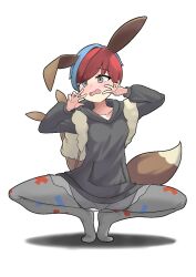 1girl animal_ears backpack bag brown_bag collarbone commentary_request double_v full_body grey_eyes grey_pantyhose hands_up hood hood_down hoodie korean_commentary long_sleeves multicolored_hair nintendo no_eyewear open_mouth pantyhose penny_(pokemon) pokemon pokemon_sv see-through_clothes see-through_skirt short_hair shorts shorts_under_skirt skirt solo spread_legs squatting sunin_(gmnh3342) tail tiptoes two-tone_hair v