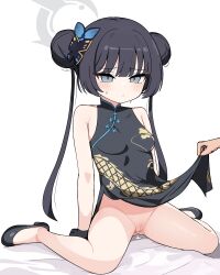 1girl absurdres black_dress black_footwear black_gloves black_hair blue_archive blush breasts butterfly_hair_ornament china_dress chinese_clothes cleft_of_venus closed_mouth clothes_lift commentary_request double_bun dragon_print dress gloves grey_eyes grey_halo hair_bun hair_ornament halo highres kisaki_(blue_archive) lifting_another&#039;s_clothes long_hair pelvic_curtain pelvic_curtain_lift pussy shoes sitting sleeveless sleeveless_dress small_breasts solo_focus tagyeokgam twintails uncensored wariza white_background
