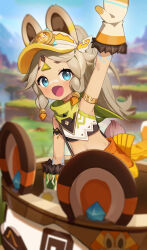 1girl absurdres animal_ears arm_markings bandana bandana_around_neck bare_shoulders blonde_hair blue_eyes blush body_markings braid chinchilla_ears chinchilla_girl chinchilla_tail commentary_request crop_top fur-lined_gloves fur-trimmed_mittens fur_trim genshin_impact gloves highres kachina_(genshin_impact) long_hair looking_at_viewer midriff mittens navel ohihil open_mouth ponytail riding shirt smile tail visor_cap