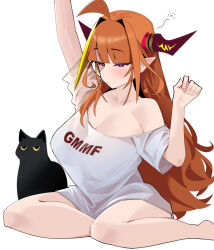 Rule 34 | 1girl, ahoge, animal, bare shoulders, bed, black cat, blonde hair, bow, breasts, cat, cleavage, dismassd, dragon girl, dragon horns, hair between eyes, highres, hololive, horn bow, horn ornament, horns, kiryu coco, large breasts, long hair, looking at viewer, multicolored hair, off-shoulder shirt, off shoulder, on bed, orange hair, pointy ears, red eyes, shirt, sitting, sleepwear, sleepy, streaked hair, stretching, virtual youtuber, waking up, whiskers