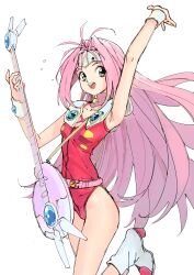 Rule 34 | 1girl, absurdres, antenna hair, arm up, belt, boots, commentary, electric guitar, english commentary, floating hair, guitar, hair intakes, headband, high heel boots, high heels, highres, holding, holding guitar, holding instrument, instrument, leg up, leotard, letro, long hair, looking at viewer, macross, macross 7, mylene jenius, open mouth, pink hair, red leotard, shoulder pads, simple background, solo, standing, standing on one leg, teeth, upper teeth only, white background, white boots, wristband