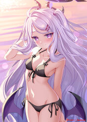 1girl ahoge alternate_costume amakusa_tobari bikini black_bikini blue_archive breasts demon_girl demon_horns demon_wings halo highres hina_(blue_archive) horns long_hair looking_at_viewer navel ocean outdoors purple_eyes sideboob small_breasts solo standing stomach swimsuit white_hair wings