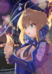 1girl :o absurdres ahoge artist_name artoria_pendragon_(fate) blonde_hair blue_ribbon bluecloud137 blush crepe dress fate/stay_night fate/unlimited_blade_works fate_(series) food green_eyes hair_intakes hair_ribbon highres holding holding_crepe holding_food honkai:_star_rail honkai_(series) musical_note official_alternate_costume ribbon saber_(fate) saber_(honkai:_star_rail)_(fate) solo