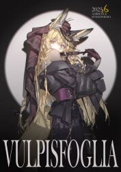 1girl absurdres ambience_synesthesia animal_ear_fluff animal_ears arknights black_gloves blonde_hair character_name commentary facial_scar fox_ears fox_girl fox_tail gloves highres long_hair official_alternate_costume orange_eyes scar scar_on_cheek scar_on_face solo symbol-only_commentary tail vulpisfoglia_(arknights) yuraku_(yealsiewa)