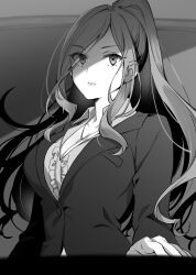 Rule 34 | 1girl, blouse, breasts, cleavage, closed mouth, collared shirt, eyes visible through hair, greyscale, high ponytail, highres, jacket, jewelry, kageishi sumire, lapels, large breasts, long hair, long sidelocks, looking at viewer, monochrome, necklace, notched lapels, office lady, official art, ponytail, serious, shirt, sidelocks, solo, tomari (veryberry00), tomodachi no imouto ga ore ni dake uzai, upper body, wing collar