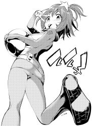 1girl absurdres ass bodysuit breasts highres japanese_text luluco masayasuf monochrome smile solo uchuu_patrol_luluco