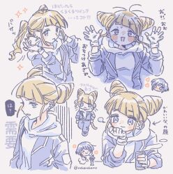 Rule 34 | 2girls, alternate hairstyle, arrow (symbol), blunt bangs, can, chibi, closed eyes, closed mouth, commentary request, cone hair bun, double bun, gloves, hair bun, hand on own chin, hands up, heart, highres, holding, holding can, hood, hood down, hoodie, jacket, limited palette, long sleeves, looking at viewer, multiple expressions, multiple girls, multiple views, nervous sweating, nokamo, open clothes, open hands, open jacket, open mouth, partially colored, partially fingerless gloves, short hair, simple background, smile, sparkle, speech bubble, sweat, tomarigi yasumi, toshi densetsu kaitai center, translation request, twintails, upper body