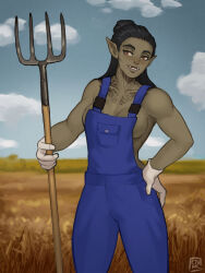 1girl artist_logo artist_name bare_arms bare_shoulders black_hair blue_overalls breasts cloud colored_skin commentary day english_commentary ethrkart fangs female_orc field gloves grey_skin hair_bun hand_on_own_hip highres holding holding_pitchfork logo long_hair looking_at_viewer medium_breasts naked_overalls neck_tattoo orc original outdoors overalls parted_lips pitchfork pointy_ears red_eyes smile solo tattoo underbite white_gloves