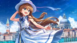 1girl :d absurdres baba_konomi balcony bare_arms blue_bow blue_bowtie blue_eyes blue_sky blue_trim bow bowtie brown_hair chimney cloud day double-parted_bangs dress european_architecture hair_down hand_on_headwear hat highres idolmaster idolmaster_million_live! idolmaster_million_live!_theater_days italian_flag lens_flare light_blush long_hair open_mouth outdoors rocktaso_co_ltd santa_maria_della_salute side_ahoge simple_bird sky sleeveless sleeveless_dress smile solo sun_hat tower venice water white_dress wind window yellow_trim