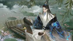 1boy asian bamboo_slips black_eyes black_robe blue_flower blue_hairband blue_ribbon brown_hair brown_hat character_request chinese_clothes closed_mouth cup day dumpling expressionless eyelashes feet_out_of_frame flower food hairband hanfu hat highres holding holding_scroll lake light_particles lily_pad lips long_hair long_sleeves male_focus outdoors petals pink_lips ribbon ripples robe scroll sidelocks sleeve_ribbon solo straight_hair teacup teapot thick_eyebrows tray wang_chuan_feng_hua_lu white_hanfu wide_sleeves willow ye_dian_pikaqiu