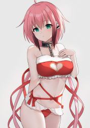 1girl :o absurdres ahoge bare_arms bare_shoulders bikini black_hair blush breasts broken broken_chain chain christmas cleavage collar commentary_request frilled_bikini frills fur-trimmed_bikini fur_trim green_eyes grey_background hair_between_eyes hair_ribbon highres ikaros long_hair medium_breasts metal_collar multicolored_hair navel parted_lips pink_hair red_bikini red_ribbon ribbon robot_ears simple_background solo sora_no_otoshimono swimsuit two-tone_hair very_long_hair ying_jing_meng