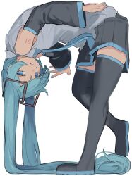 1girl aqua_hair aqua_nails black_boots black_skirt blue_eyes boots closed_mouth fingernails full_body hatsune_miku highres pocche-ex pout simple_background skirt solo sweatdrop thigh_boots vocaloid white_background