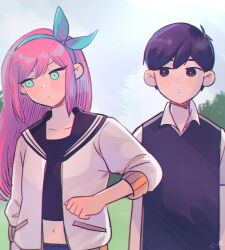 1boy 1girl antenna_hair aqua_eyes aqua_hairband arm_at_side arms_at_sides aubrey_(faraway)_(omori) aubrey_(omori) black_eyes black_hair black_sailor_collar black_shirt black_sweater_vest blue_sky bow_hairband bright_pupils chromatic_aberration closed_mouth collarbone collared_shirt day double-parted_bangs expressionless grass hair_behind_ear hair_between_eyes hairband highres jacket kokomi_(aniesuakkaman) long_hair looking_at_another looking_to_the_side navel omocat_(style) omori open_clothes open_jacket outdoors pink_hair redrawn sailor_collar shirt short_hair short_sleeves sky straight-on sunny_(omori) sweater_vest upper_body white_jacket white_pupils white_shirt