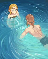 1boy 1girl absurdres blonde_hair braid collarbone commentary crown_braid dress elby45678 green_eyes hashtag-only_commentary highres link looking_at_another nintendo pointy_ears ponytail princess_zelda short_hair short_ponytail smile strapless strapless_dress swimming the_legend_of_zelda the_legend_of_zelda:_tears_of_the_kingdom topless_male water