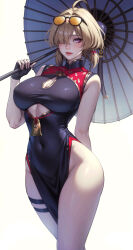 1girl ahoge arm_behind_back bare_shoulders black_dress black_gloves blonde_hair breasts character_request china_dress chinese_clothes cleavage_cutout clothing_cutout commentary_request covered_navel cowboy_shot cutout_above_navel dress eyewear_on_head fingerless_gloves gloves hair_intakes hair_over_one_eye highres holding holding_umbrella large_breasts looking_at_viewer no_panties oil-paper_umbrella parted_lips pelvic_curtain purple_eyes short_hair side_slit sleeveless sleeveless_dress solo sunglasses thighs umbrella wo_jiushi_kanbudong zenless_zone_zero