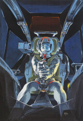 1970s_(style) 1980s_(style) amuro_ray cockpit control_stick earth_federation_space_forces gloves gundam helmet highres machinery mecha mobile_suit mobile_suit_gundam official_art oldschool painting_(medium) pilot pilot_suit promotional_art retro_artstyle robot rx-78-2_gundam scan serious signature traditional_media yasuhiko_yoshikazu