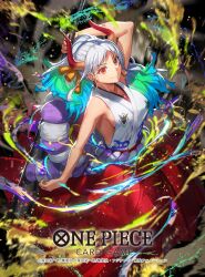 1girl blue_hair breasts closed_mouth club club_(weapon) commentary_request copyright_name dai-xt earrings eyelashes green_hair hair_ornament hakama highres holding holding_weapon hoop_earrings horns japanese_clothes jewelry kanabou kimono official_art one_piece one_piece_card_game orange_eyes ponytail red_hakama rope shimenawa sideboob sidelocks sleeveless sleeveless_kimono smile solo weapon white_hair yamato_(one_piece)