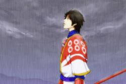 Rule 34 | armor, black hair, headband, male focus, polearm, rain, sanada yukimura, sengoku musou, spear, weapon