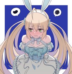 1girl ahoge animal_ear_hairband animal_ears arms_behind_back artoria_caster_(fate) artoria_caster_(swimsuit_berserker)_(fate) artoria_caster_(swimsuit_berserker)_(second_ascension)_(fate) artoria_pendragon_(fate) bare_shoulders blonde_hair blue_dress blush breasts cleavage commentary_request detached_sleeves dress embarrassed fake_animal_ears fate/grand_order fate_(series) from_above green_eyes hairband heart highres long_hair medium_breasts puffy_short_sleeves puffy_sleeves rabbit_ear_hairband rabbit_ears raised_inner_eyebrows short_sleeves solo spoken_heart spoken_squiggle squiggle suzuakks twintails upper_body very_long_hair white_hairband