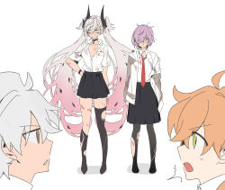 2boys 2girls agata720 alternate_costume black_choker black_skirt blood brown_eyes bruise choker fate/grand_order fate_(series) galahad_(fate) glasses green_eyes grey_hair hair_over_one_eye highres implied_after_fight injury lilith_(fate) lollipop_in_mouth long_hair mash_kyrielight messy_hair multiple_boys multiple_girls nosebleed orange_hair pointy_ears purple_eyes purple_hair romani_archaman shirt skirt strangulation_mark torn_clothes twintails white_shirt