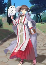 1girl arm_at_side bird bird_on_hand book braid braided_hair_rings brown_hair brown_sandals cape closed_mouth cross cross_necklace fate/grand_order fate_(series) full_body game_cg hair_rings hand_up holding holding_book hood hood_down hooded_cape jewelry johanna_(fate) johanna_(first_ascension)_(fate) latin_cross layered_sleeves long_sleeves looking_at_viewer necklace official_art owl purple_cape purple_eyes robe sandals sash short_hair sidelocks smile solo standing swept_bangs takenashi_eri third-party_source toes variant_set waist_sash white_sash