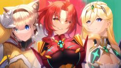 Rule 34 | 3girls, absurdres, acrylicstroke, ahoge, animal ear fluff, animal ears, armpits, artist name, bare shoulders, durandal (honkai impact), blonde hair, blue eyes, breasts, brown hair, cat ears, cat girl, circlet, claw pose, cleavage, cleavage cutout, closed mouth, clothing cutout, commission, commissioner upload, core crystal (xenoblade), cosplay, dress, earrings, fang, gloves, green background, green eyes, grin, headband, heterochromia, highres, honkai (series), honkai impact 3rd, huge filesize, impossible clothes, jewelry, jumpsuit, large breasts, lips, long sleeves, look-alike, looking at viewer, multicolored background, multiple girls, murata himeko, mythra (xenoblade), mythra (xenoblade) (cosplay), nia (xenoblade), nia (xenoblade) (cosplay), non-web source, pardofelis, pink background, power connection, puffy long sleeves, puffy sleeves, pyra (xenoblade), pyra (xenoblade) (cosplay), red hair, short hair, short sleeves, signature, skin fang, smile, teeth, trait connection, upper body, watermark, weapon connection, white background, white dress, white gloves, white hood, xenoblade chronicles (series), xenoblade chronicles 2, yellow background, yellow eyes, yellow jumpsuit