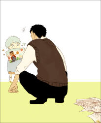 +++ 2boys aged_down aomine_daiki aqua_hair black_border black_hair black_pants black_shoes blue_eyes blue_shirt border brown_shorts brown_vest child child&#039;s_drawing collared_shirt dark-skinned_male dark_skin dress_shoes face-to-face from_behind full_body gunzoumi hair_between_eyes holding holding_paper kneehighs kuroko_no_basuke kuroko_tetsuya long_sleeves looking_at_another messy_hair multiple_boys pants paper paper_star school_uniform shirt shoes short_hair shorts sleeve_cuffs socks squatting_cowgirl_position sweater_vest three-quarter_sleeves two-tone_background vest white_background white_shirt white_socks yellow_background yellow_shoes
