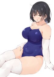 1girl absurdres black_hair blue_one-piece_swimsuit blush breasts brown_eyes cleavage covered_navel elbow_gloves gloves highres large_breasts medium_hair one-piece_swimsuit open_mouth original shinonon_(iso_shino) sitting solo sweat swimsuit thick_thighs thigh_grab thighhighs thighs white_background white_gloves white_thighhighs