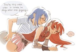 2girls blue_hair commentary english_text hand_on_another&#039;s_waist hashtag-only_commentary long_hair mahou_shoujo_madoka_magica mahou_shoujo_madoka_magica_(anime) medium_hair mermaidcandle miki_sayaka multiple_girls parted_lips pink_skirt red_eyes red_hair red_shirt sakura_kyoko sakura_kyoko_(magical_girl) shirt short_sleeves simple_background skirt striped_clothes striped_shirt sweat white_background white_shirt yuri