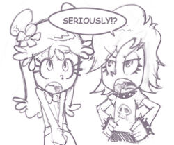 2girls ami_onuki angry bracelet cartoon_network collar conoghi double_bun dress flower goth_fashion hair_bun hair_flower hair_ornament hands_on_own_hips hi_hi_puffy_amiyumi jewelry long_hair monochrome multiple_girls open_mouth print_shirt shirt short_hair short_sleeves skirt skull_print sleeveless sleeveless_dress speech_bubble spiked_bracelet spiked_collar spikes standing sweatdrop teeth upper_body yumi_yoshimura