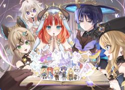 Rule 34 | 2boys, 4girls, :3, absurdres, aether (genshin impact), ahoge, anemo symbol (genshin impact), animal ear fluff, aqua eyes, aqua gemstone, armlet, armpit crease, black bodysuit, black bow, black bridal gauntlets, black choker, black dress, black hat, black sailor collar, black scarf, blonde hair, blue brooch, blue cape, blue eyes, blue gemstone, blue hat, blunt bangs, blunt ends, blunt tresses, blush, bodysuit, book, bookmark, bookshelf, bow, bridal gauntlets, bright pupils, brown butterfly, brown gloves, brown horns, bug, butterfly, cape, ce5 ez, choker, circlet, closed mouth, covered collarbone, crossed bangs, detached sleeves, double-parted bangs, dress, drill hair, drill sidelocks, earrings, eyelashes, eyeliner, eyeshadow, fake horns, floral print, gem, genshin impact, gloves, glowing butterfly, gold, gold collar, gold halo, gold horns, green eyes, hair bow, hair ornament, halo, hands on own face, hat, hat bow, highres, horns, indoors, insect, japanese clothes, jewelry, jingasa, kimono, kirara (genshin impact), looking at object, makeup, mandarin collar, mechanical halo, mini durin (dragon) (genshin impact), mini durin (genshin impact), multiple boys, multiple girls, multiple horns, multiple tails, navia (genshin impact), nilou (genshin impact), open book, open mouth, origami, own hands together, paimon (genshin impact), parted bangs, picture book, purple butterfly, purple eyes, purple hair, red eyeliner, red eyeshadow, red hair, ribbon-trimmed collar, ribbon trim, romper, sailor collar, scaramouche (genshin impact), scarf, shoulder peek, sidelocks, star (symbol), table, tail, toy soldier, tsurime, two tails, vision (genshin impact), wanderer (genshin impact), white butterfly, white dress, white hair, white kimono, white pupils, white romper, white sleeves, wide-eyed, wispy bangs, x hair ornament