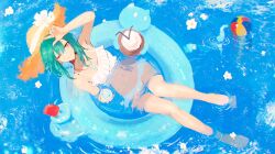 Rule 34 | 1girl, absurdres, ayn (rnna), ball, bare legs, barefoot, beachball, bikini, blue innertube, coconut cup, commentary, cup, day, drinking straw, english commentary, floating, food, frilled bikini, frills, full body, green eyes, green hair, hand on own head, hat, highres, holding, holding cup, innertube, jewelry, looking at viewer, necklace, one eye closed, original, outdoors, partially submerged, popsicle, rnna, short hair, slime (creature), smile, solo, stomach, sun hat, swim ring, swimsuit, water, white bikini