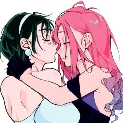 Rule 34 | 2girls, alien stage, black dress, black gloves, black hair, blue hair, closed eyes, clothing cutout, commentary, dress, english commentary, gloves, gradient hair, half gloves, highres, kiss, kissing nose, mizi (alien stage), multicolored hair, multiple girls, off-shoulder dress, off shoulder, pink hair, short hair, shoulder cutout, simple background, sua (alien stage), two-tone hair, white background, white dress, whysosweetart, yuri