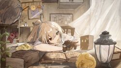 1girl absurdres apple bird blurry bokeh book brown_eyes brown_hair cabinet chips_(food) crossed_bangs curtains depth_of_field dice eating food food_in_mouth friend_(nanashi_mumei) fruit gloves golden_apple head_rest highres hololive hololive_english lantern leaning_on_table mobile multicolored_hair nanashi_mumei nanashi_mumei_(1st_costume) nereb_72 open_book owl planet potato_chips shirt sleeping streaked_hair table virtual_youtuber white_shirt whiteboard wooden_chair