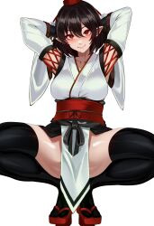 1girl arms_behind_head black_hair breasts closed_mouth commentary_request detached_sleeves hair_between_eyes hat highres kourindou_tengu_costume long_hair looking_at_viewer medium_breasts pelvic_curtain pointy_ears red_eyes red_hat shameimaru_aya short_hair simple_background smile solo squatting tabi thighhighs tokin_hat touhou volyz white_background white_sleeves