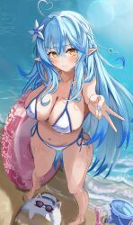 1girl absurdres ahoge barefoot beach bikini blue_hair breasts elf full_body gyaru_v heart heart_ahoge highres holding holding_swim_ring hololive innertube large_breasts ocean outdoors pointy_ears raised_eyebrows revision side-tie_bikini_bottom solo_focus standing sun_glare swim_ring swimsuit v virtual_youtuber wet white_bikini winvita yellow_eyes yukihana_lamy yukimin_(yukihana_lamy)
