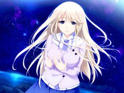 Rule 34 | 1girl, blonde hair, blue eyes, breasts, female focus, game cg, iizuki tasuku, large breasts, long hair, looking at viewer, lovely x cation 2, moonlight, night, ocean, sad, skirt, sky, solo, standing, star (symbol), water, yoshinoya seine