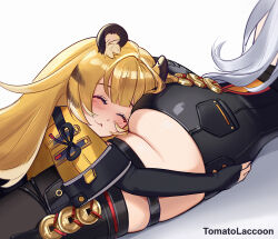 2girls ^_^ animal_ear_fluff animal_ears artist_name ass black_shorts black_thighhighs blonde_hair blush closed_eyes closed_mouth face_in_ass gluteal_fold happy head_on_ass high-waist_shorts hug huge_ass jacket ju_fufu long_hair lying multicolored_hair multiple_girls on_stomach paid_reward_available shorts simple_background smile thigh_strap thighhighs tiger_ears tiger_girl tomatolaccoon underbutt very_long_hair white_background white_hair yellow_jacket yixuan_(zenless_zone_zero) yuri zenless_zone_zero