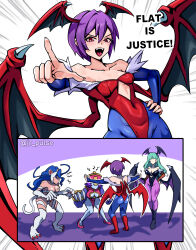 4girls absurdres animal_ears animal_hands animal_print ass bat_print bat_wings blue_hair blue_pantyhose blue_skin breasts bridal_gauntlets cat_ears cat_girl cat_paws cat_tail clothing_cutout colored_skin covered_navel darkstalkers demon_girl diamond_cutout english_text felicia_(darkstalkers) flipped_hair green_hair hair_between_eyes hat head_wings heart_cutout highleg highleg_leotard highres hsien-ko jiangshi jrpulse jurassic_world large_breasts leotard lilith_(darkstalkers) long_hair meme morrigan_aensland multiple_girls off-shoulder_leotard open_mouth pantyhose prattkeeping_(meme) print_pantyhose purple_hair purple_pantyhose purple_wings qingdai_guanmao red_eyes red_leotard short_hair small_breasts tail thighs white_fur wings