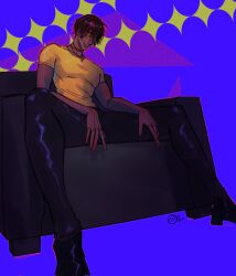 Rule 34 | 1boy, bad anatomy, bad hands, between legs, blooming panic, blue background, blue eyes, brown hair, chair, dark-skinned male, dark skin, dress pants, dress shoes, from below, hand between legs, highres, jewelry, long fingers, looking at viewer, male focus, messy hair, mole on lips, necklace, on chair, outline, pink outline, sadlad03, shirt, short hair, sitting, smile, solo, sparkle, sparkling eyes, t-shirt, white shirt, xyx, yellow shirt