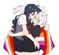 2girls black_hair black_sailor_collar black_shirt black_skirt closed_eyes closed_mouth commentary english_commentary grey_sweater_vest hand_on_another&#039;s_waist highres kiss kissing_cheek lesbian_flag lgbt_pride long_hair multiple_girls neckerchief original parkeeer pleated_skirt pride_month red_neckerchief sailor_collar shirt short_sleeves skirt smile sweater_vest white_hair white_shirt yuri