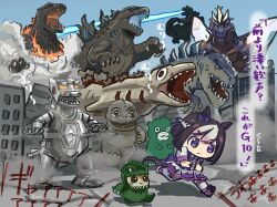 1girl blue_sky building character_request chibi commentary_request crossover day fire godzilla godzilla_(series) highres horse_girl mechagodzilla moko39_takasora monster_in_kamata mouth_beam open_mouth outdoors pleated_skirt purple_shoes robot running sharp_teeth shirt shoes short_sleeves skirt sky special_week_(umamusume) teeth the_return_of_godzilla thighhighs translation_request umamusume white_shirt white_skirt white_thighhighs window wrist_cuffs