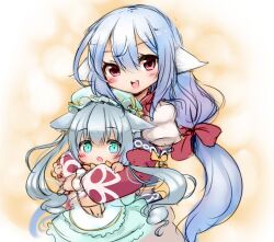 Rule 34 | 2girls, ajitarou (setsu), akari (eco), animal ears, blue hair, bow, cat ears, cat girl, dress, emil chronicle online, ghost girl, green dress, green eyes, hair bow, hug, hug from behind, long hair, low ponytail, multiple girls, nekomata sharu, open mouth, ponytail, red eyes, red ribbon, ribbon, shirt, twintails, white hair, white shirt