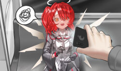 1girl absurdres aged_down angel arknights black_gloves collared_shirt commentary detached_wings energy_wings exusiai_(arknights) gloves hair_over_one_eye halo highres holding holding_phone jacket long_hair looking_at_viewer open_mouth orange_eyes phone red_hair shale shirt sitting solo_focus speech_bubble traditional_halo white_shirt wings