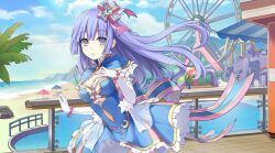 1girl :o amusement_park beach beach_umbrella blue_dress blue_eyes blue_hair blue_sky breasts cleavage clothing_cutout cloud date_a_live date_a_live:_spirit_pledge dress elbow_gloves ferris_wheel game_cg gloves hair_ribbon izayoi_miku long_hair looking_at_viewer medium_breasts navel_cutout official_alternate_costume official_art open_mouth outdoors palm_tree pool ribbon sky third-party_source tree umbrella