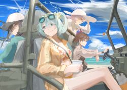 Rule 34 | 4girls, alternate costume, aqua eyes, aqua hair, arius squad (blue archive), atsuko (blue archive), atsuko (swimsuit) (blue archive), baseball cap, beach, belt, bikini, black hair, blue archive, blue eyes, blue hair, blue sky, breasts, brown hair, brown shirt, car, cloud, commentary, cup, driving, english commentary, eyewear on head, floral print bikini, flower, green jacket, hair flower, hair ornament, halo, hand on own hat, hat, hetare galm sue, highres, hiyori (blue archive), hiyori (swimsuit) (blue archive), holding, holding cup, jacket, misaki (blue archive), motor vehicle, multicolored hair, multiple girls, ocean, official alternate costume, orange bikini, orange shirt, ponytail, purple hair, red eyes, saori (blue archive), saori (swimsuit) (blue archive), seatbelt, shirt, short hair, side ponytail, sitting, sky, smile, striped clothes, striped shirt, sun hat, sunglasses, swimsuit, swimsuit under clothes, two-tone hair, vehicle request, vertical-striped clothes, vertical-striped shirt, white bikini, white hat, white shirt
