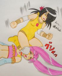 2girls blood highres hoshino_chiyoru kanai_cuty leotard multiple_girls tagme wrestle_angels wrestle_angels_survivor wrestler wrestling wrestling_outfit