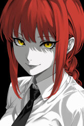 1girl absurdres braid braided_ponytail chainsaw_man closed_mouth collared_shirt highres long_hair looking_at_viewer luv_xuo makima_(chainsaw_man) necktie red_hair ringed_eyes shirt sidelocks solo yellow_eyes