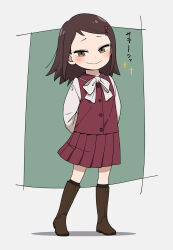 1girl absurdres animalmaster arms_behind_back becky_blackbell blush boots bow bowtie brown_boots brown_eyes brown_hair buttons child commentary full_body green_background highres knee_boots long_sleeves looking_at_viewer pleated_skirt red_skirt red_vest shirt short_hair skirt smile solo spy_x_family two-tone_background vest white_background white_bow white_bowtie white_shirt
